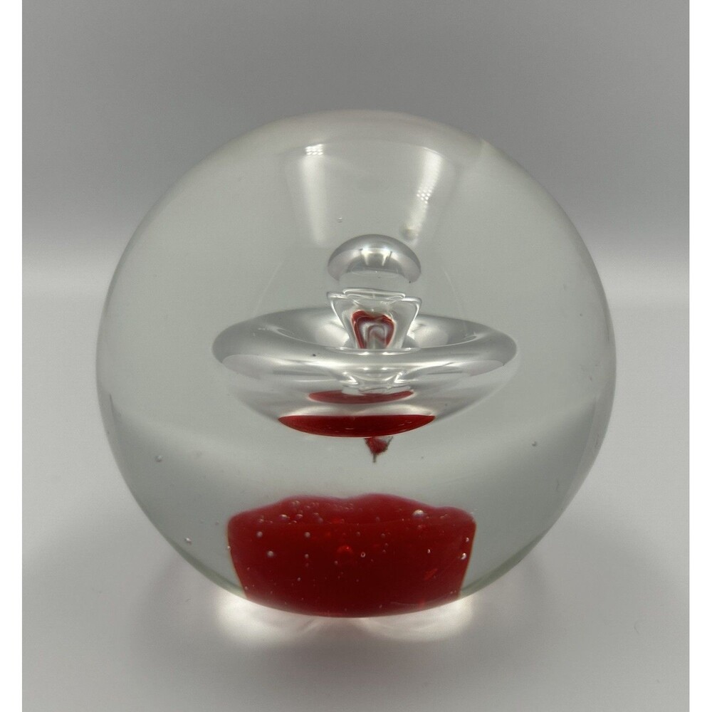 Vintage Studio Art Glass Paperweight Clear Orb Red Controlled Bubble 3" Sphere